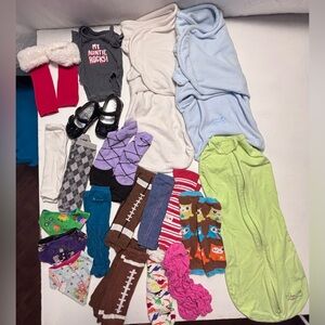 Clothes & Accessories Lot –Bibs, Leg Warmers, Swaddlers & Shoes Closet Clean Out